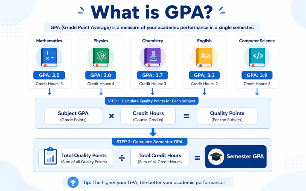Infographic explaining GPA formula with subject grades and credit hours