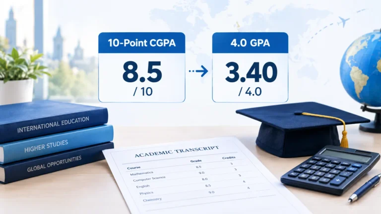 10-point CGPA to 4.0 GPA conversion showing an example of 8.5 CGPA converting to an estimated 3.40 GPA