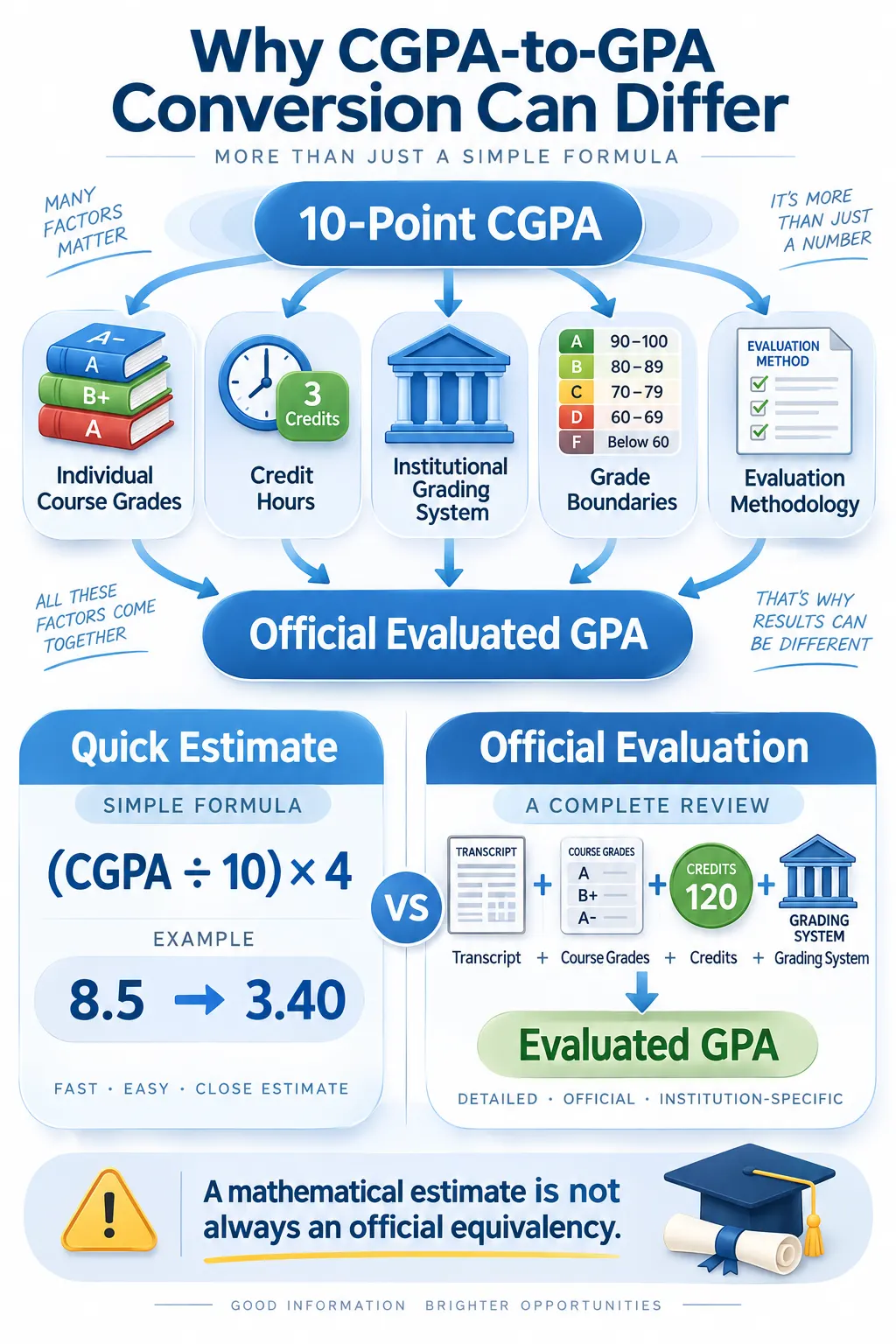 Factors that can affect official GPA evaluation including course grades, credit hours, grading system, and evaluation methodology