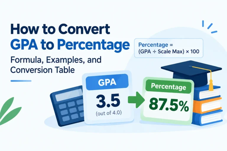 GPA to percentage conversion infographic showing 3.5 GPA on a 4.0 scale converting to 87.5% using the GPA-to-percentage formula