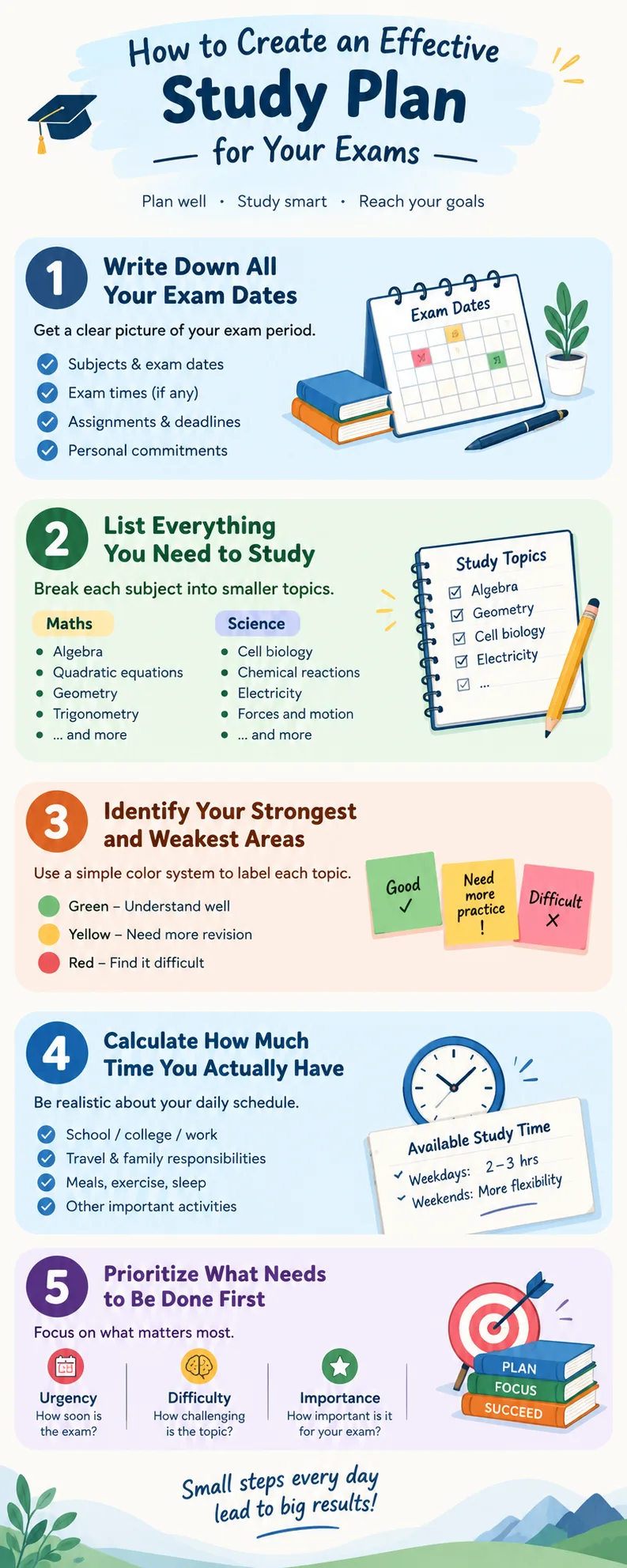 How to create an effective study plan for exams infographic showing five steps: record exam dates, list study topics, identify strengths and weaknesses, calculate realistic study time, and prioritize tasks by urgency, difficulty, and importance.