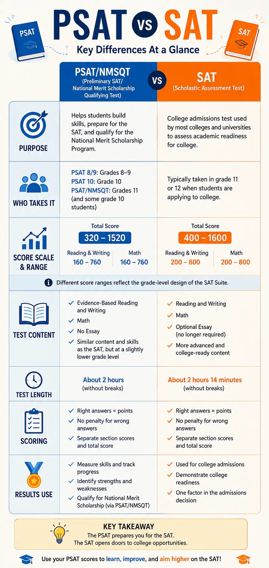 PSAT vs SAT comparison infographic showing differences in purpose, test-takers, score ranges, test content, test length, scoring, and how results are used