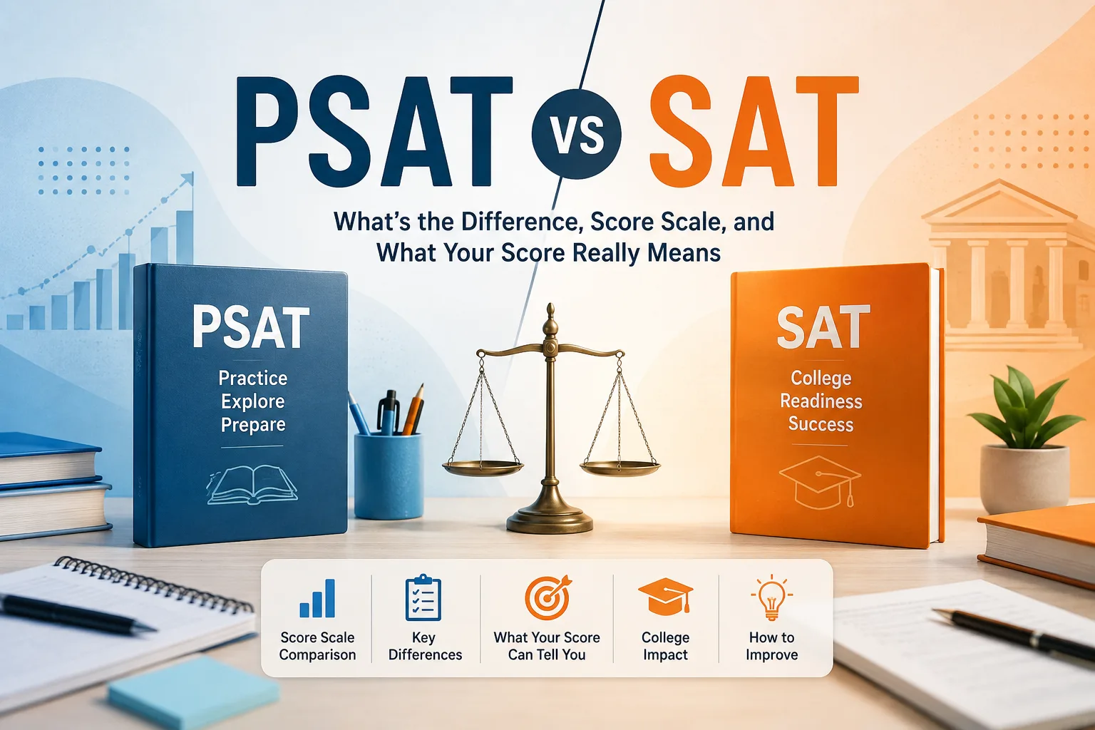 PSAT vs SAT comparison showing score ranges, difficulty, score conversion, and GPA impact