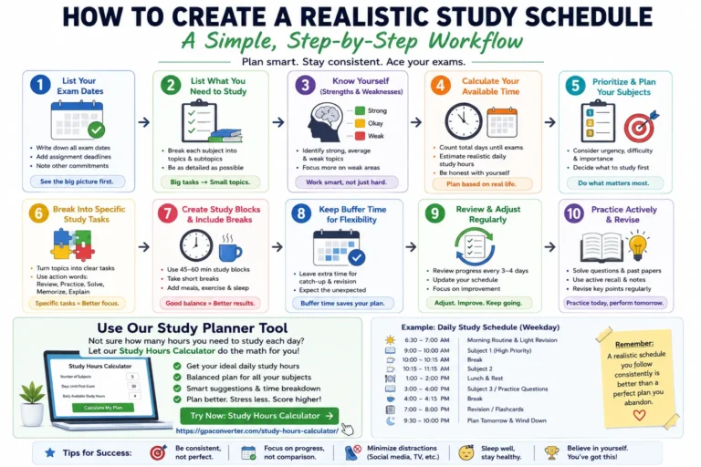 Step-by-step workflow for creating a realistic study schedule before exams, including planning subjects, estimating available study time, prioritizing topics, creating study blocks, taking breaks, reviewing progress, and practicing actively.
