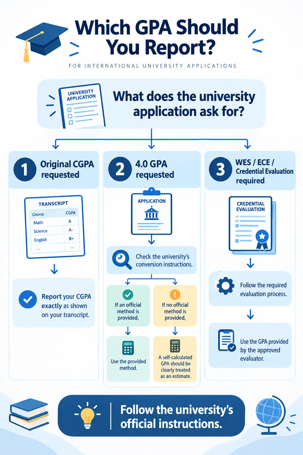 Decision guide showing which GPA to report on university applications based on CGPA, 4.0 GPA, or credential evaluation requirements