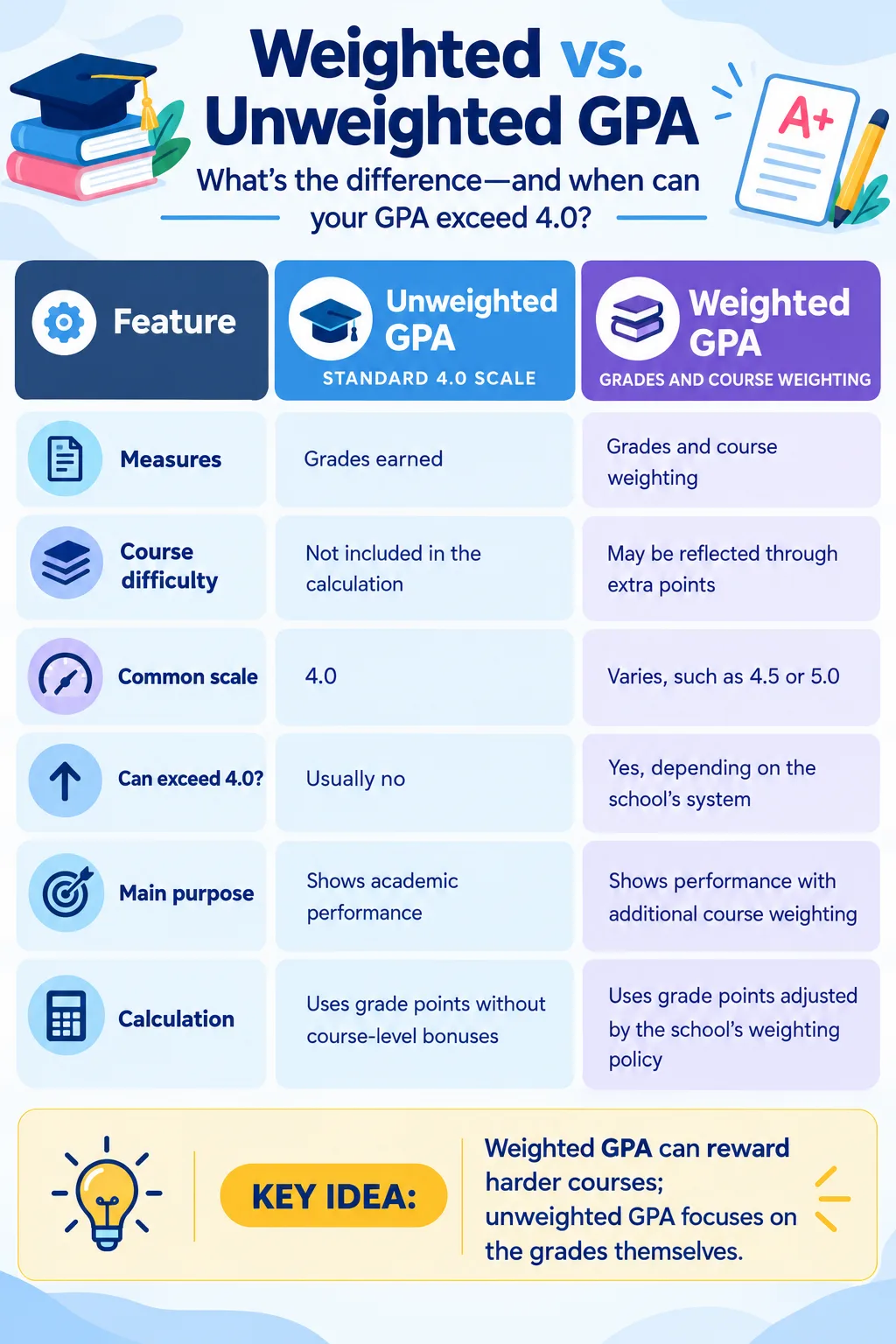 Weighted vs. unweighted GPA comparison showing measures, course difficulty, common scale, GPA above 4.0, main purpose, and calculation.